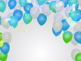 blue white and green balloons illustration confetti and ribbons flag Celebration background template typography for greeting card, festive poster etc