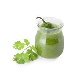 Glass jar of Tomatillo Salsa Verde sauce on white background