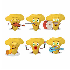 Cartoon character of chanterelle playing some musical instruments