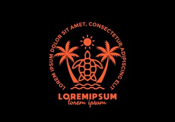 Orange color of turtle and coconut tree with lorem ipsum text