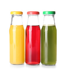 Bottles with healthy juice on white background