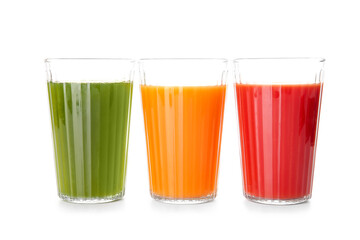 Glasses with healthy juice on white background