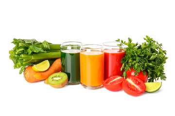 Glasses with healthy juice, fruits and vegetables on white background