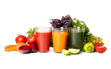 Glasses with healthy juice, fruits and vegetables on white background