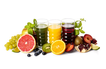 Glasses with healthy juice, fruits and vegetables on white background