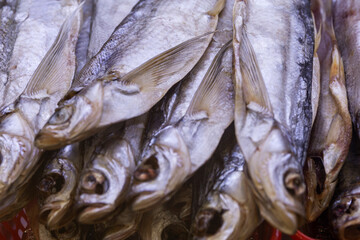 Lots of dried fish on the counter. Appetizing beer snack. Close-up. Selective focus.