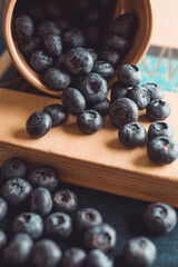 Atmospheric shot of ripe blueberries on the old book. Selective focus. Shallow depth of field.