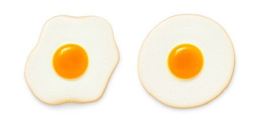 Irregular shaped fried egg and round shape isolated on white background.