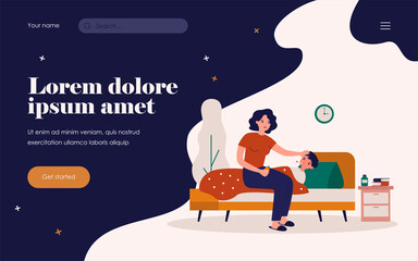 Sad mum sitting near sick kid flat vector illustration. Cartoon ill child lying in bed under blanket and suffering from flu or cold. Mother care and fever concept