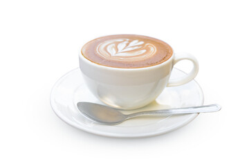 Latte coffee in white coffee cup with plate and spoon on white background with clipping path