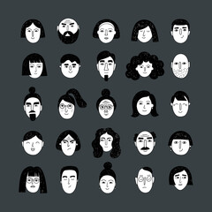 Collection of portraits on a dark gray background. Man and woman avatars. Doodle user pic set. Vector illustration. - 452092231