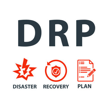 DRP Disaster Recovery Plan with keywords and icons on white background