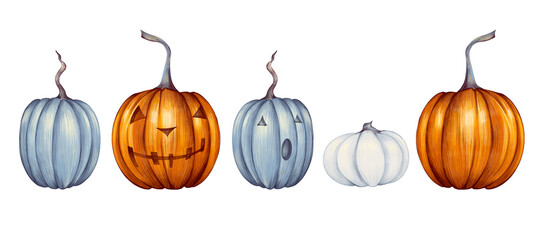 Watercolor hand drawn halloween pumpkin set isolated on white background. It's perfect for cards, halloween party invitations, poster.