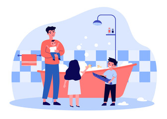 Single father filling tub with water for children. Man bathing daughter and sons in foamy bathtub flat vector illustration. Family, parenting, hygiene concept for website design or landing web page