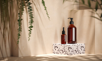 Cosmetic bottle on white terrazzo platform, blur plants foreground. background for cosmetic...