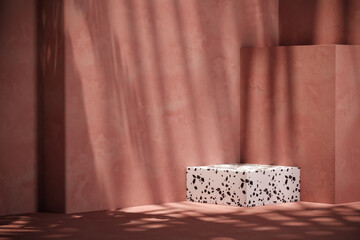 The white terrazzo platform on mockup red scene. background for product presentation or ads. 3d rendering