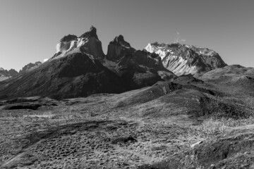 Cuernos del Paine peaks in black and white, Torres del Paine national park, Patagonia, Chile.