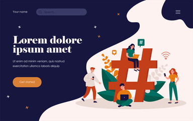 Naklejka premium Tiny social media users with gadgets and huge hashtag. Group of people using laptops and smartphone. Flat vector illustration for marketing, advertising, blogging, internet promotion concept
