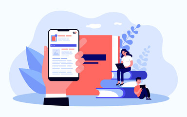 Fototapeta premium Hand holding smartphone with app for online ordering. Flat vector illustration. Ordering photo album or printing pictures on store website. Technology, photography, family, memory concept for design