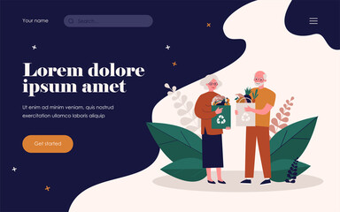 Senior couple shopping with reusable bags. Old people with paper bags with organic food flat vector illustration. Healthy eating, waste recycling concept for banner, website design or landing web page