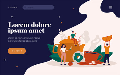 Group of friends drinking tea together. Tiny people gathering at pot and cup with hot drink, dessert, holding lemon slice. Vector illustration for tea party, winter hot drink, leisure concept