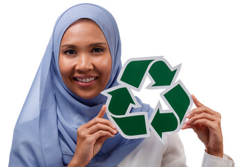 environment, eco living and sustainability concept - close up portrait of happy smiling young asian muslim woman holding green recycling sign isolated over white background