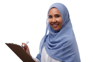 close up portrait of pretty asian muslim woman posing with clipboard and looking to camera, isolated over white background