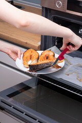 Delicious roasted salmon steak with rice on plate