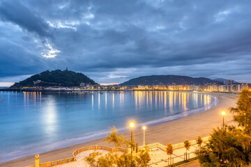View of La Concha beach in San Sebastian, Spain, at dawn