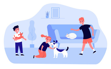 Happy cartoon children playing with cute dogs and cat at home. Girl petting dog, cat sleeping on sofa flat vector illustration. Pets, friendship concept for banner, website design or landing web page