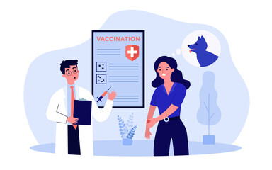 Woman bitten by dog getting injection to prevent disease. Worried female character consulting doctor flat vector illustration. Vaccination, rabies concept for banner, website design or landing page