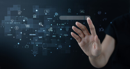 IoT, Internet of Things, digital marketing, business and technology concept. Woman hand touching on virtual screen with furture tech icons