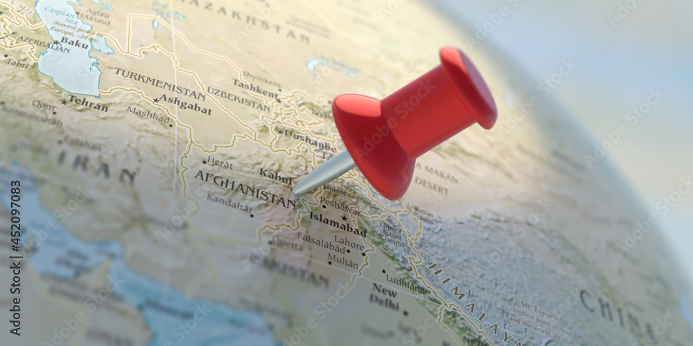 Poster afganistan pinned on world atlas. map location pointer on globe planet earth. 3d illustration.