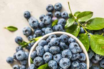 Freshly picked blueberries in a  bowl. Juicy and fresh berries with green leaves on a rustic table.  Healthy food and nutrition concept