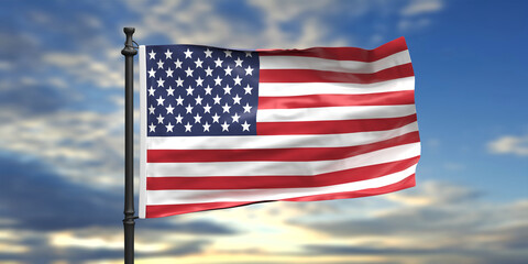 Obraz premium USA flag waving on cloudy blue sky background. 3d illustration.