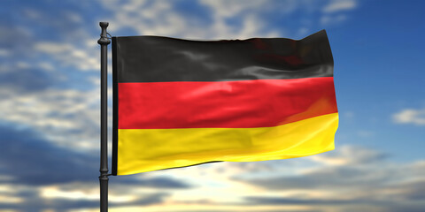 Germany national flag waving on blue sky background. 3d illustration