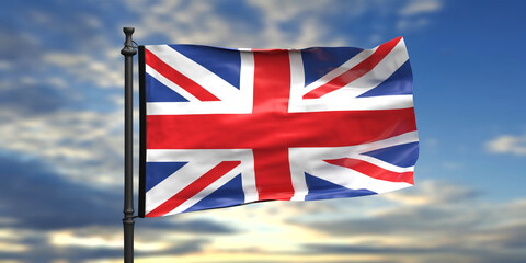 UK flag waving on blue sky with clouds background. 3d illustration.