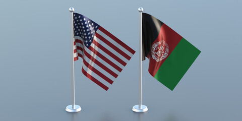 Afghanistan and US of America relations, small flags on gray color background, 3d illustration