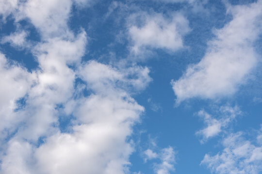 Beautiful fluffy cumulus clouds in the blue sky. Perfect background of blue sky and white clouds for your photos, design layout.