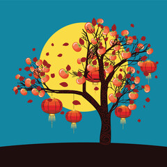Persimmon tree with lanterns and moon