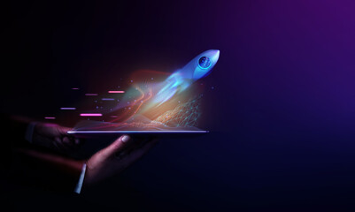 Futuristic Conceptual Photo. Startup Concept. Rocket Take-off  and Released from Digital Tablet to...