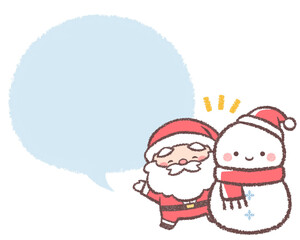 案内するサンタクロースと雪だるまとフキダシ