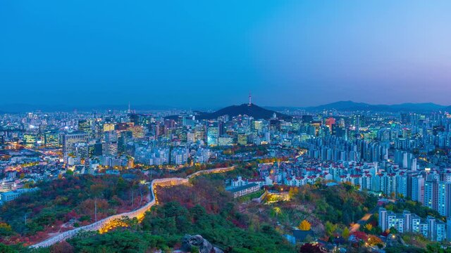 Day to night 4k, Time lapse at Seoul,South Korea.In autumn season.View from inwangsan mountain,On a clear day