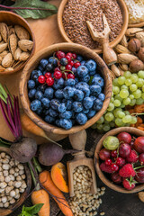 Ingredients containing vitamin E, natural minerals and dietary fiber, healthy nutrition concept