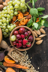 Ingredients containing vitamin E, natural minerals and dietary fiber, healthy nutrition concept