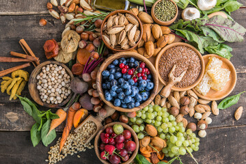 Delivery healthy food background. Vegan vegetarian food vegetables and fruits, nuts and grains ,copy space, banner.Grocery shopping food supermarket and clean eating concept.