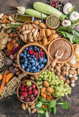 Delivery healthy food background. Vegan vegetarian food vegetables and fruits, nuts and grains ,copy space, banner.Grocery shopping food supermarket and clean eating concept.