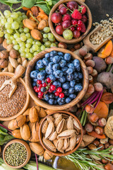 Delivery healthy food background. Vegan vegetarian food vegetables and fruits, nuts and grains ,copy space, banner.Grocery shopping food supermarket and clean eating concept.