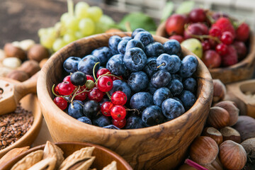 Ingredients containing vitamin E, natural minerals and dietary fiber, healthy nutrition concept