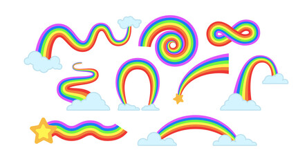 Fototapeta premium Cute rainbows cartoon illustration set. Childish rainbow with stars and clouds on its tails isolated on white background. Weather, sky, patch concept
